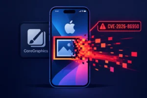 Illustration of an iPhone displaying CoreGraphics and CVE-2026-86950 alert.