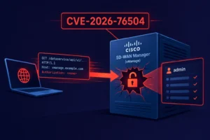 Diagram illustrating CVE-2026-76504 with Cisco SD-WAN Manager authentication bypass.