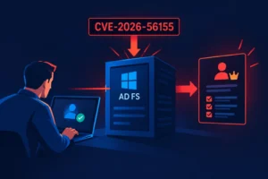 Уязвимость CVE-2026-56155 в AD FS с изображением пользователя за компьютером.
