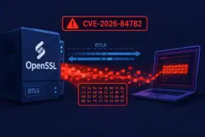 Логотип OpenSSL с выделением уязвимости CVE-2026-84782 в DTLS.