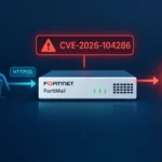 Illustration of FortiMail showing CVE-2026-104286 vulnerability alert.