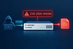 Illustration of FortiMail showing CVE-2026-104286 vulnerability alert.