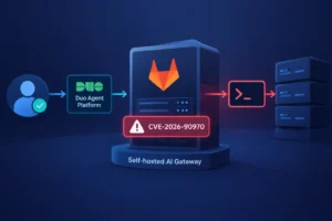 Diagram illustrating the critical RCE vulnerability in GitLab AI Gateway.