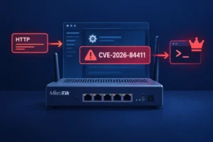 MikroTik Router с ярким предупреждением о уязвимости CVE-2026-84411.