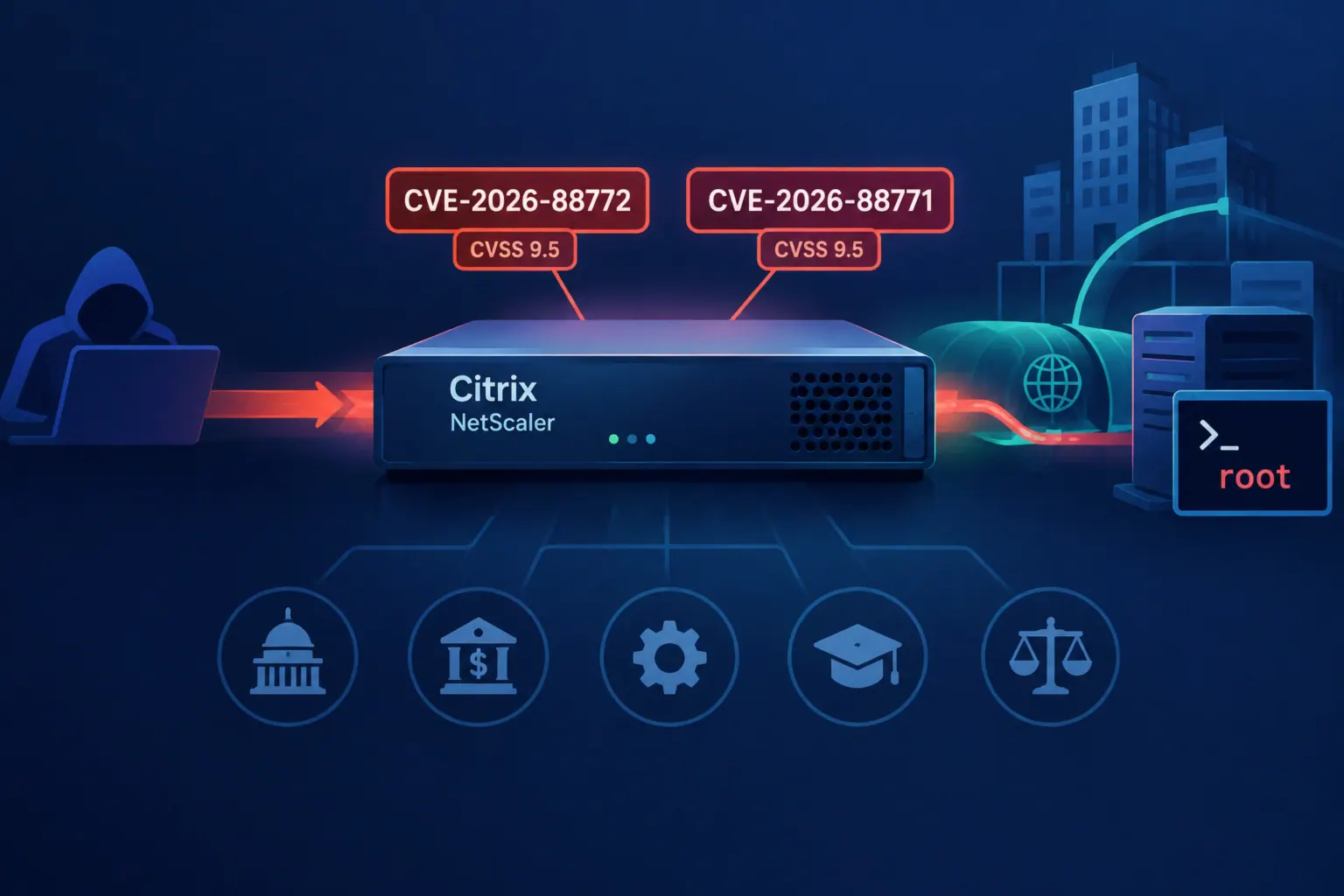 Grafische Darstellung von Citrix NetScaler mit Sicherheitswarnungen zu Zero-Day-Exploits.