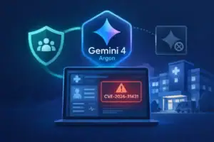 Логотип Gemini 4 Argon на ноутбуке с предупреждением о киберугрозе.