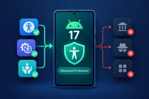 Android 17 showcases advanced protection features with shield icons.