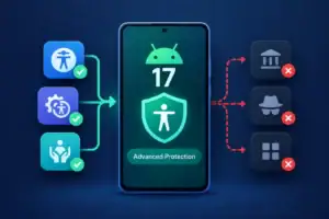 Инфографика о функциях продвинутой защиты Android 17 и ограничениях доступа.