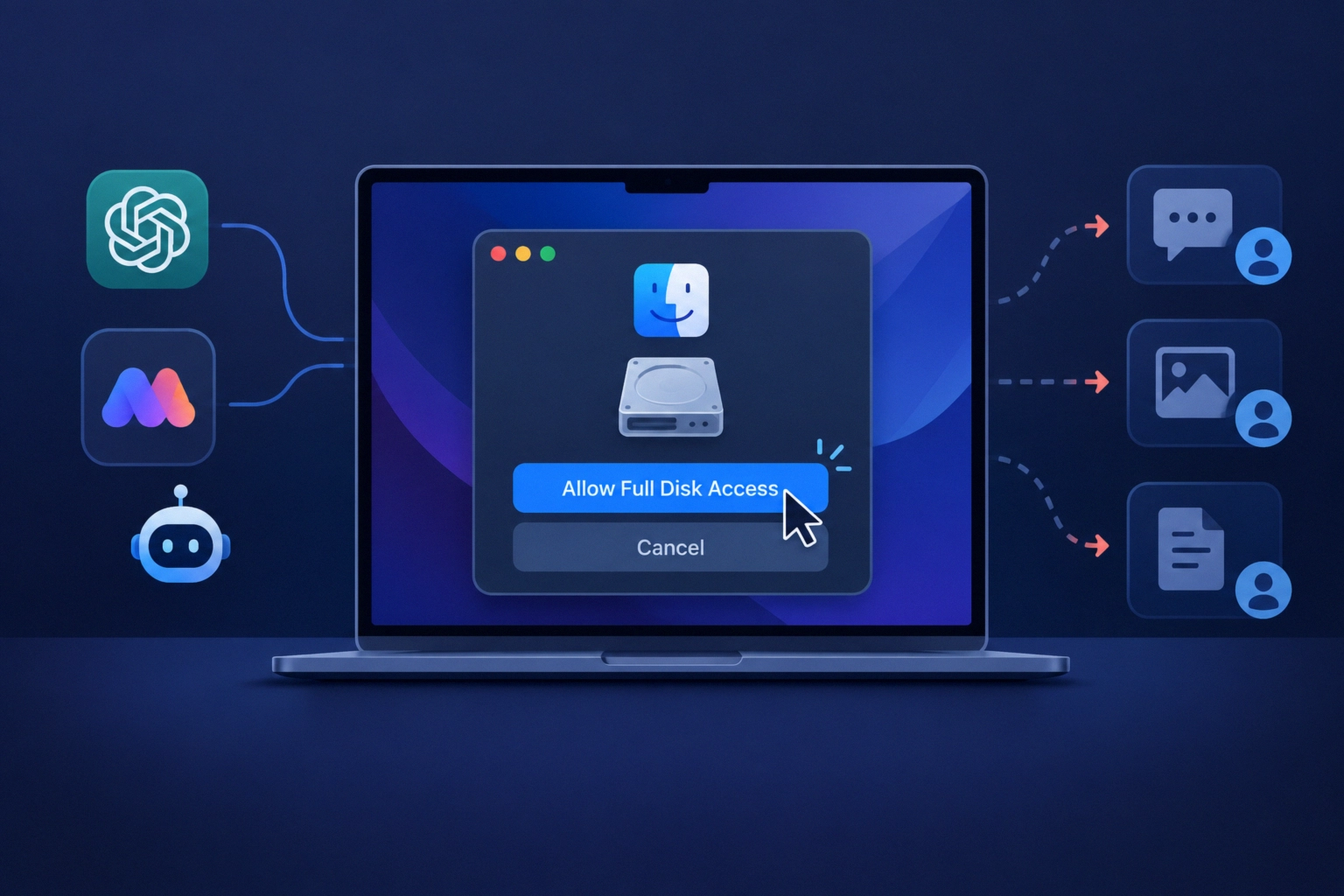 MacBook screen showing a prompt for granting Full Disk Access to apps.
