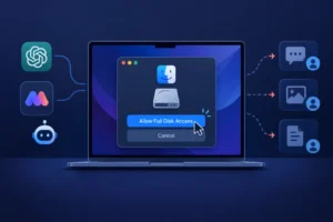 Діалогове вікно на Mac для надання доступу до диска, оточене значками AI.