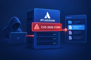 Server icon with Atlassian logo highlighting CVE-2026-21589 vulnerability