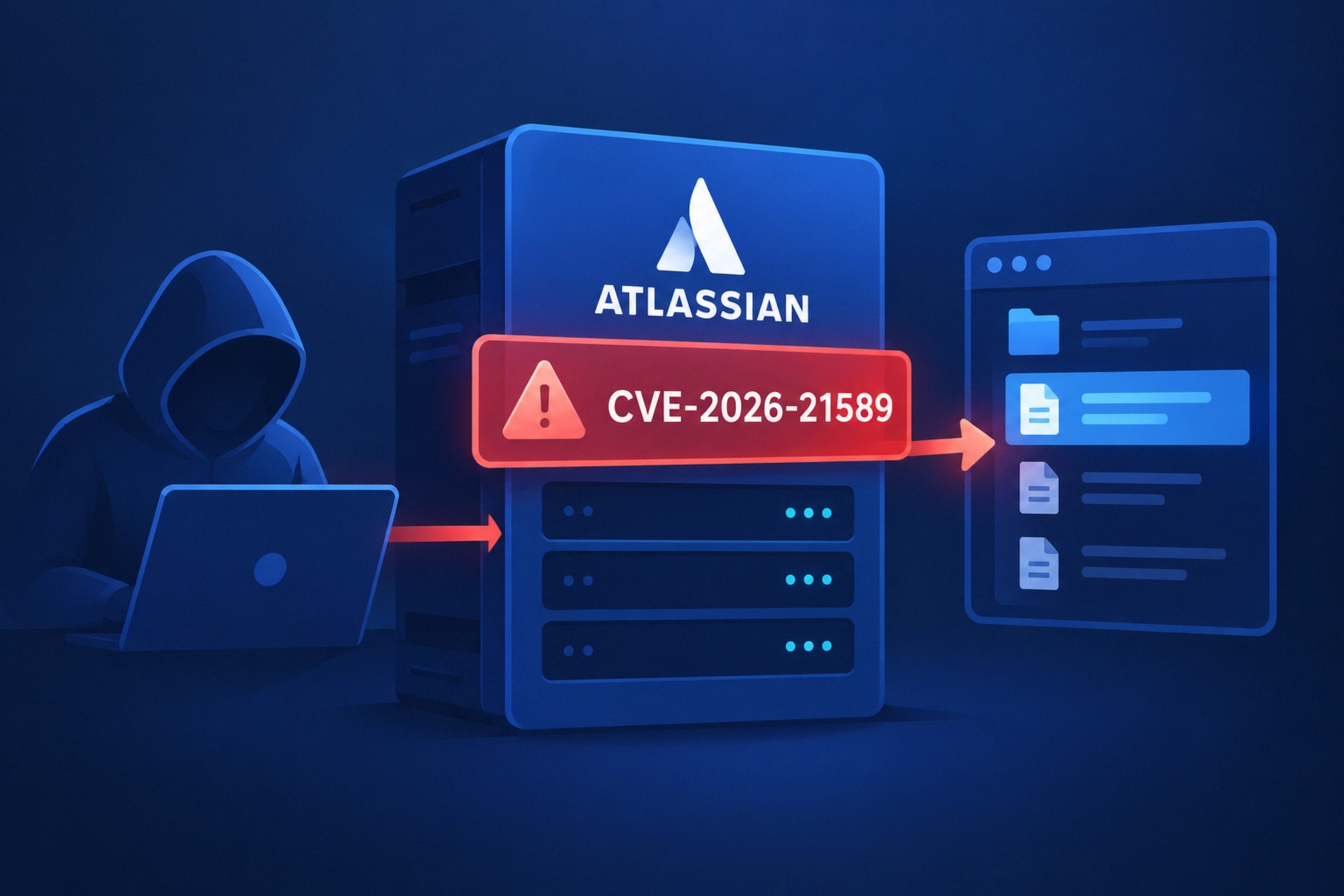 Server icon with Atlassian logo highlighting CVE-2026-21589 vulnerability