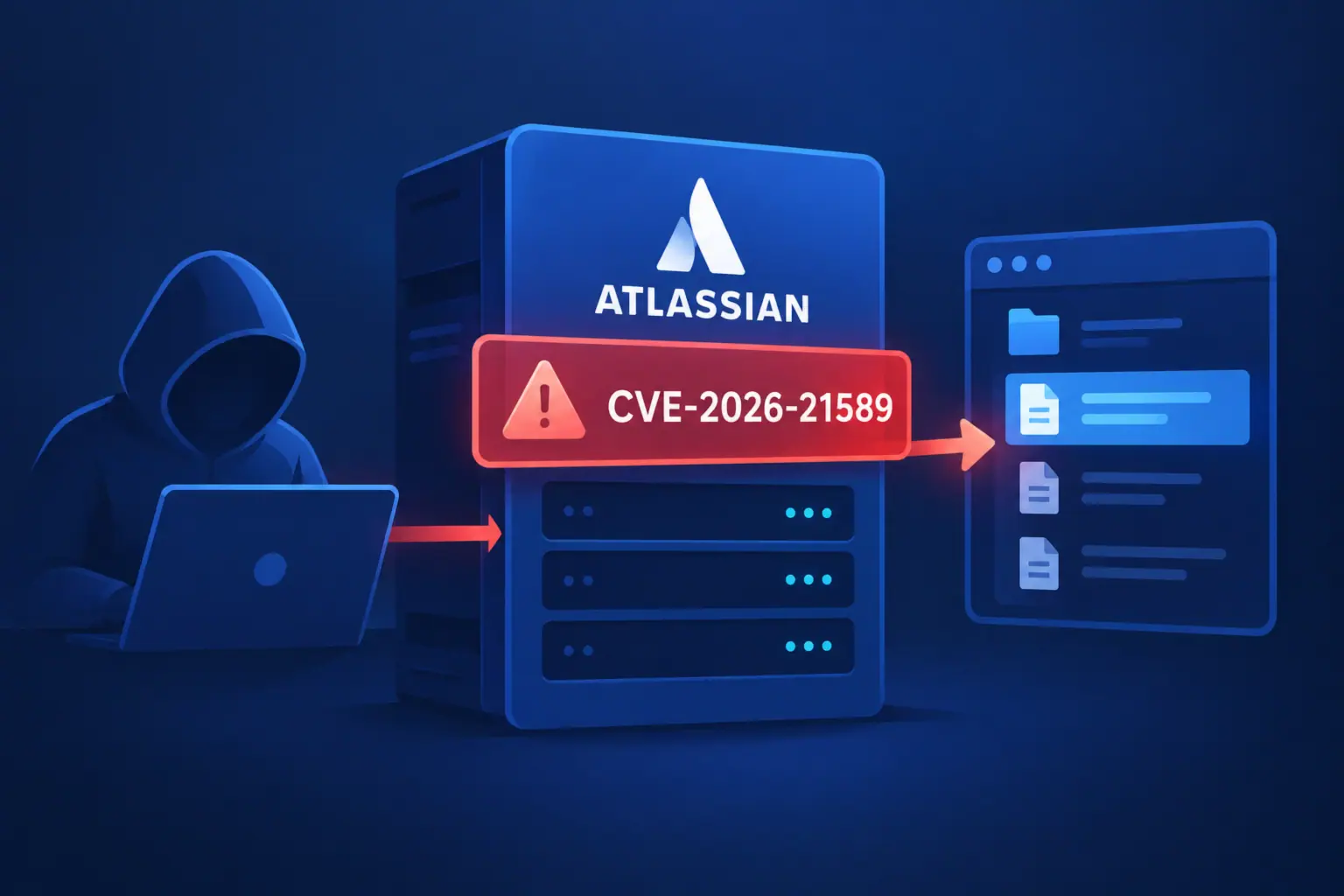 Художественное изображение уязвимости Atlassian CVE-2026-21589 и хакера.