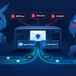 Diagrama de redes y malware relacionados con seguridad de correo en Asia.
