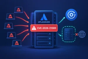 Atlassian Data Center vulnerability alert with hacker visuals and server icons.
