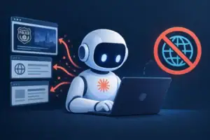 Robot working on a laptop with restricted internet access symbols.