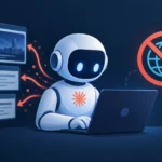 Robot trabajando en un portátil bajo un símbolo de acceso restringido a internet.