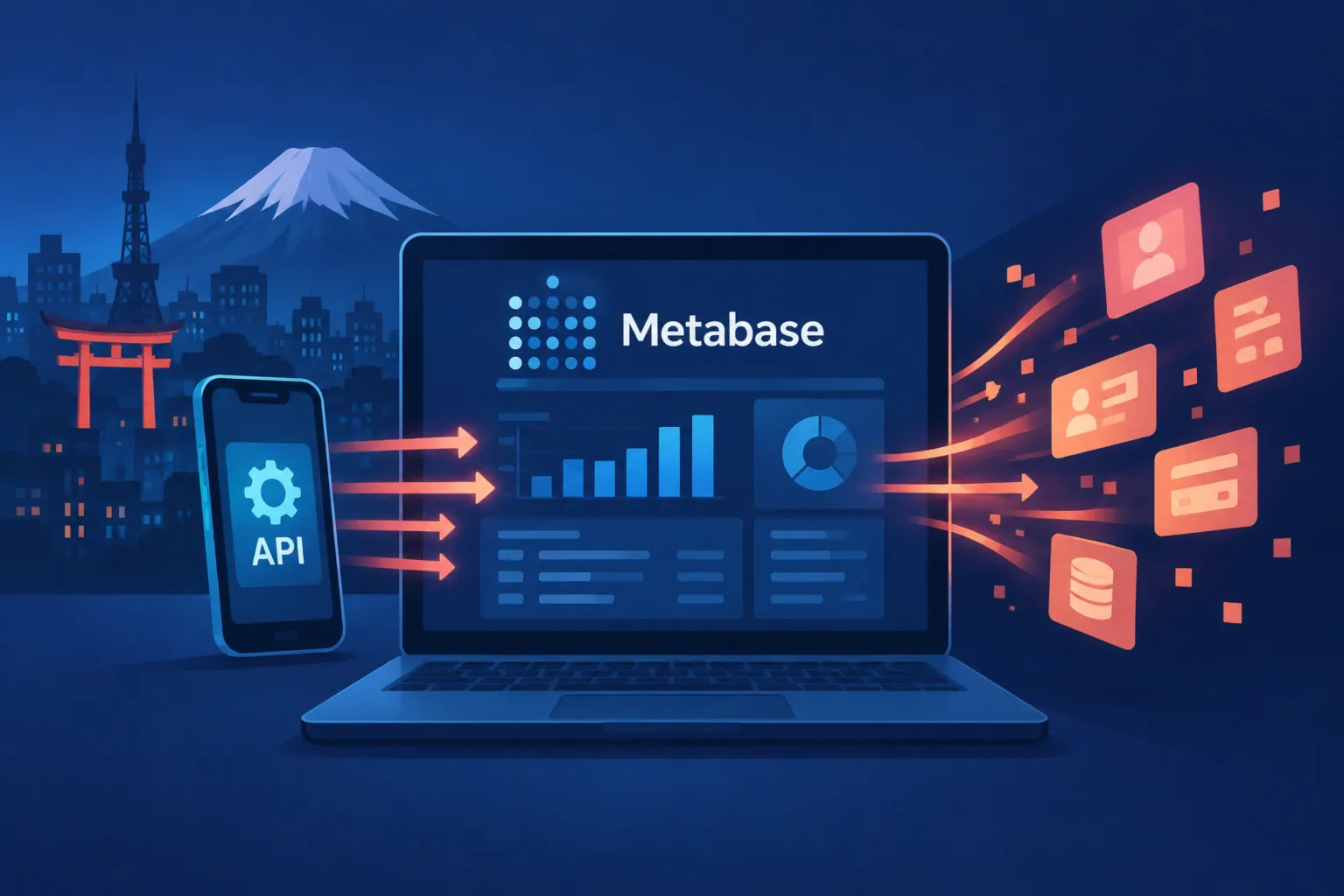 Компьютер с логотипом Metabase и смартфон с API на фоне горы Фудзи.