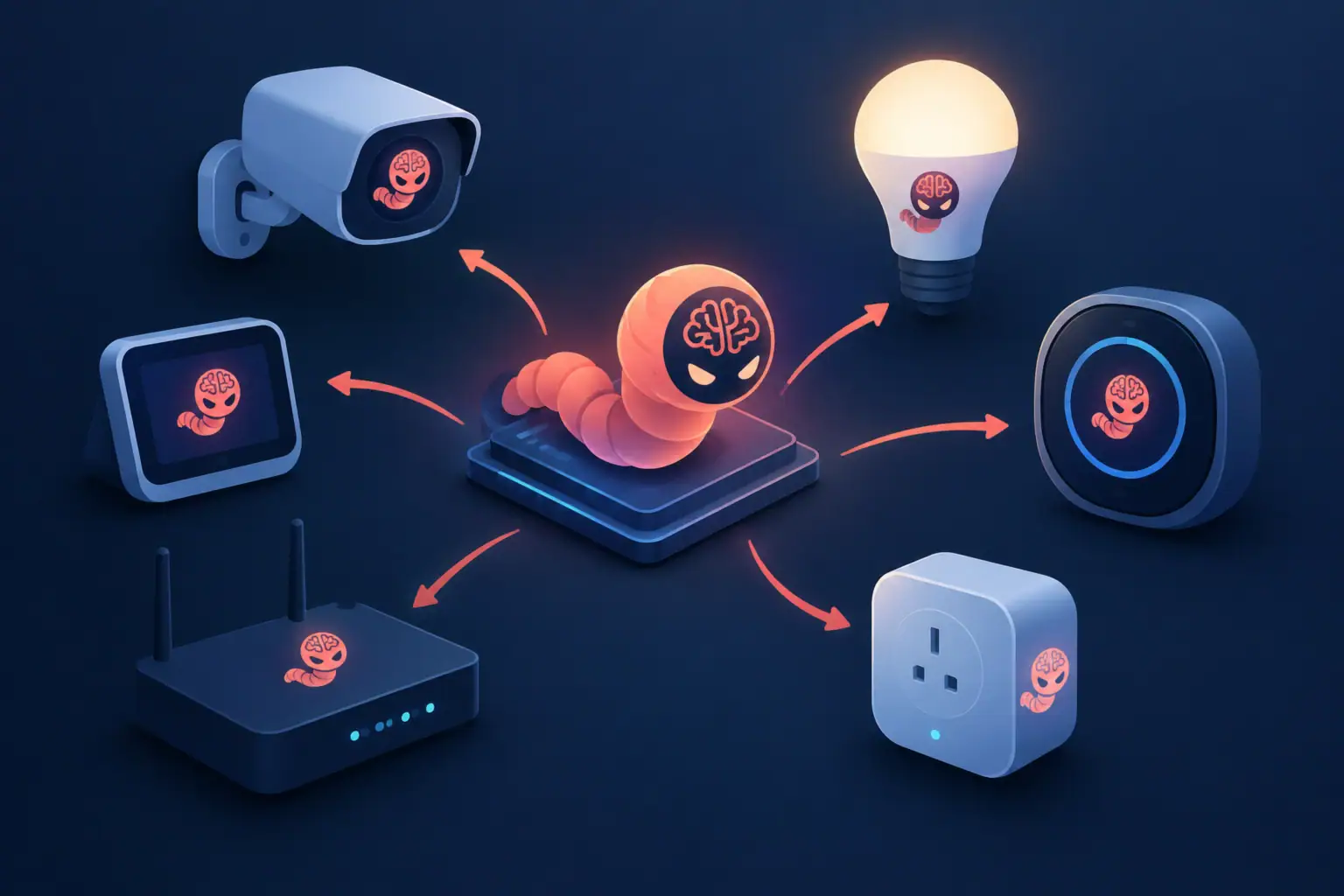 Gusano de IA conectado a varios dispositivos IoT en un fondo oscuro.