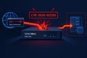 Diagram illustrating SSRF vulnerability in SonicWall SMA 1000 devices.