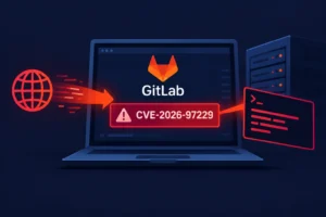 GitLab interface displaying CVE-2026-97229 alert with computer elements.