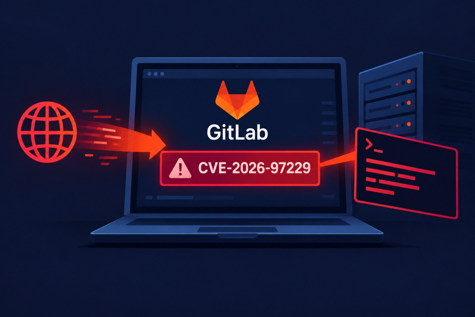 GitLab interface displaying CVE-2026-97229 alert with computer elements.