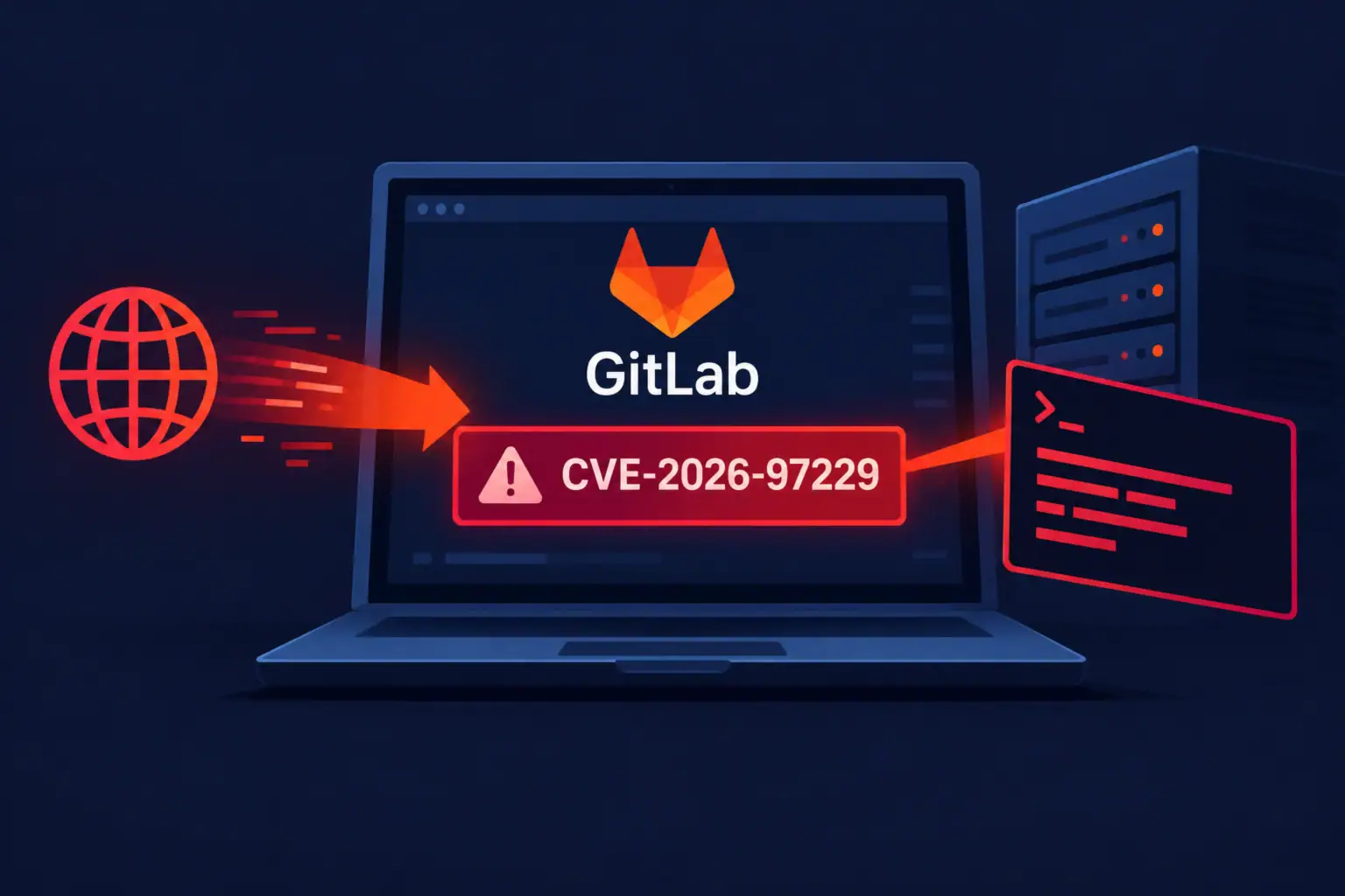 Логотип GitLab с обозначением уязвимости CVE-2026-97229 на экране ноутбука.