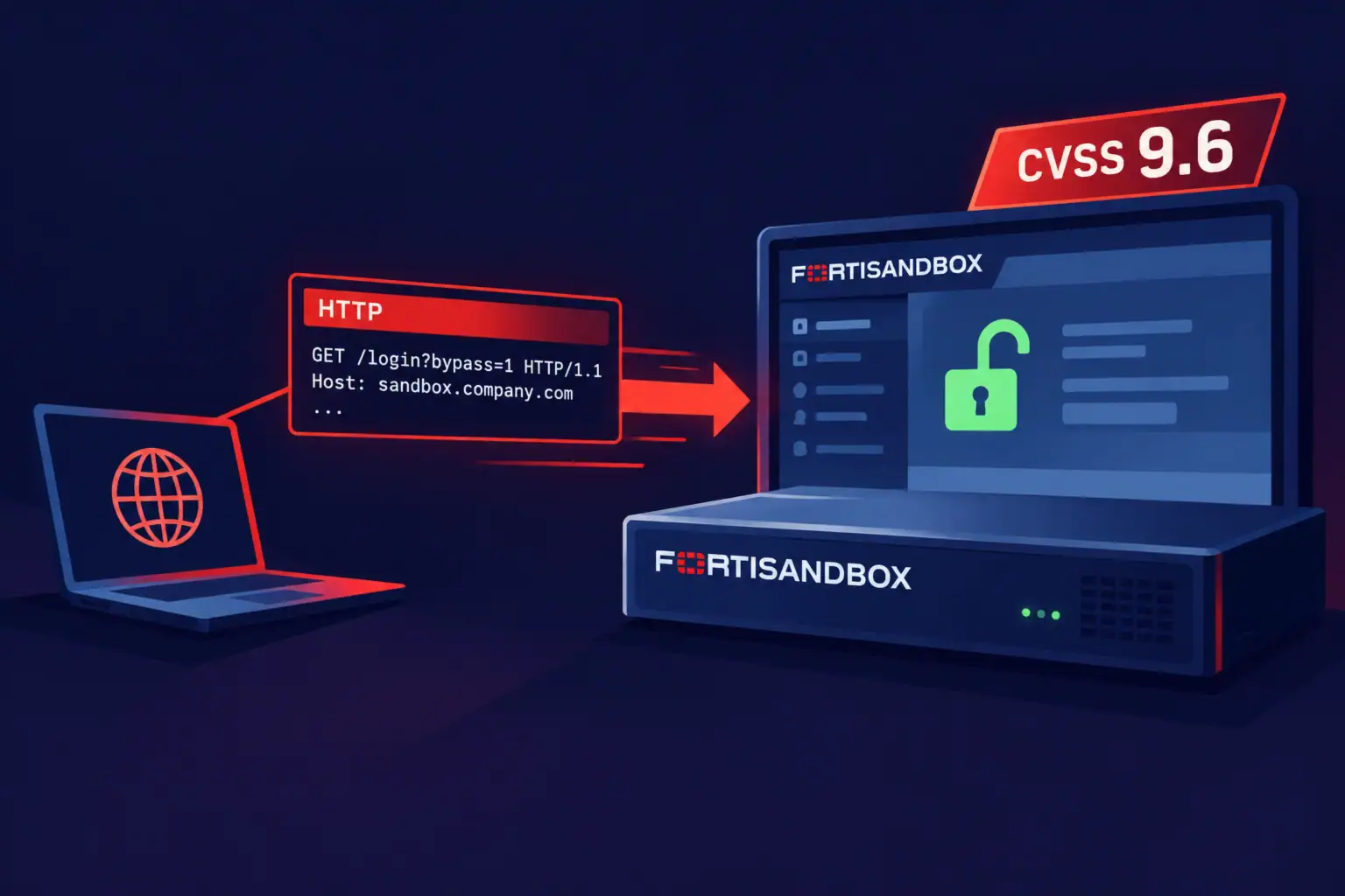Diagrama sobre la vulnerabilidad de autenticación en FortiSandbox (CVSS 9.6).