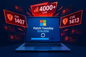 Microsoft Patch Tuesday graphic highlighting over 4000 CVEs with update details.