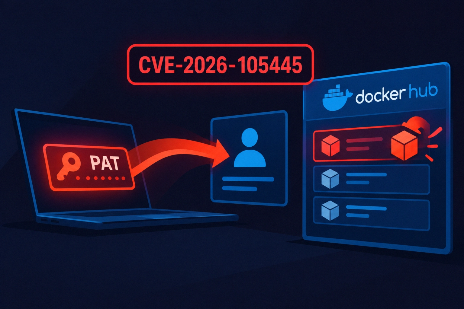 Graphic illustrating CVE-2026-105445 impact on Docker Hub security.
