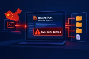 Computer screen displaying BeyondTrust Remote Support with CVE-2026-102764 alert.
