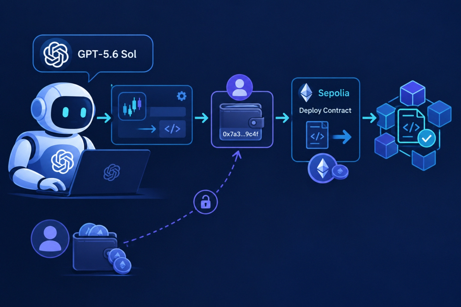 Graphic illustrating a robot interacting with blockchain components and wallet.