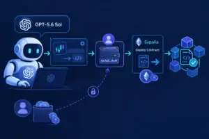 Robot interactuando con un sistema de contratos en Ethereum.