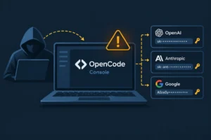 Hacker looking at a laptop displaying OpenCode Console with API key warnings.