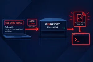 ПоC експлойт для CVE-2026-106173 в FortiSIEM з показом коду та сервера.