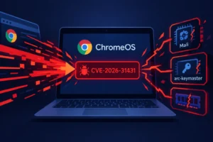 ChromeOS logo with highlighted vulnerability CVE-2026-31431 on a laptop screen.