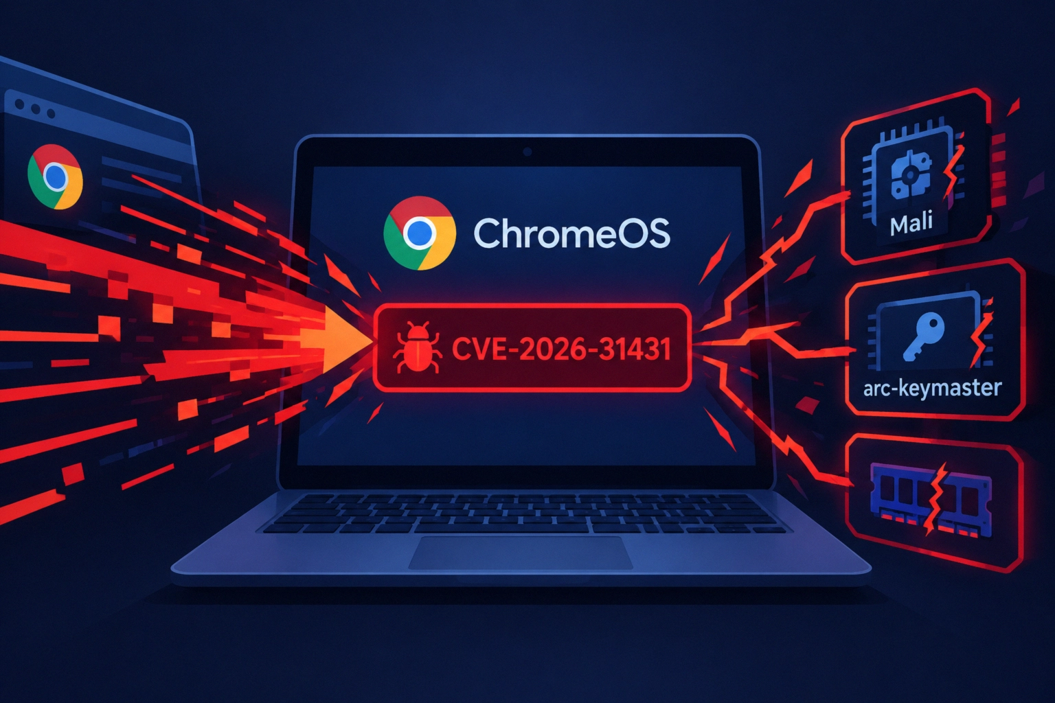 ChromeOS logo with highlighted vulnerability CVE-2026-31431 on a laptop screen.
