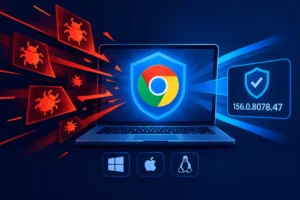 Логотип Chrome на ноутбуку з щитом, що захищає від вірусів.