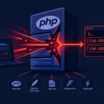 PHP сервер с уязвимостями и деталями CVE на фоне ноутбука.