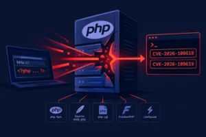 PHP сервер с уязвимостями и деталями CVE на фоне ноутбука.