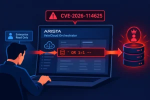 SQL injection vulnerability illustration for Arista VeloCloud Orchestrator.
