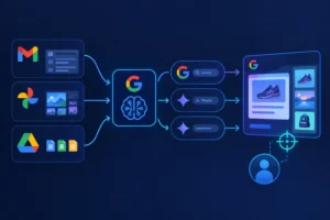 Visual representation of Google services integrating data for ads.