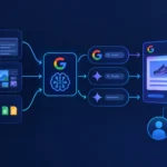 Grafische Darstellung, die Google-Dienste und deren Verbindung zu Werbung zeigt.