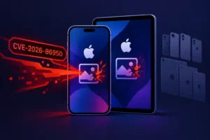 iPhone and iPad display CVE-2026-86950 threat in a digital graphic