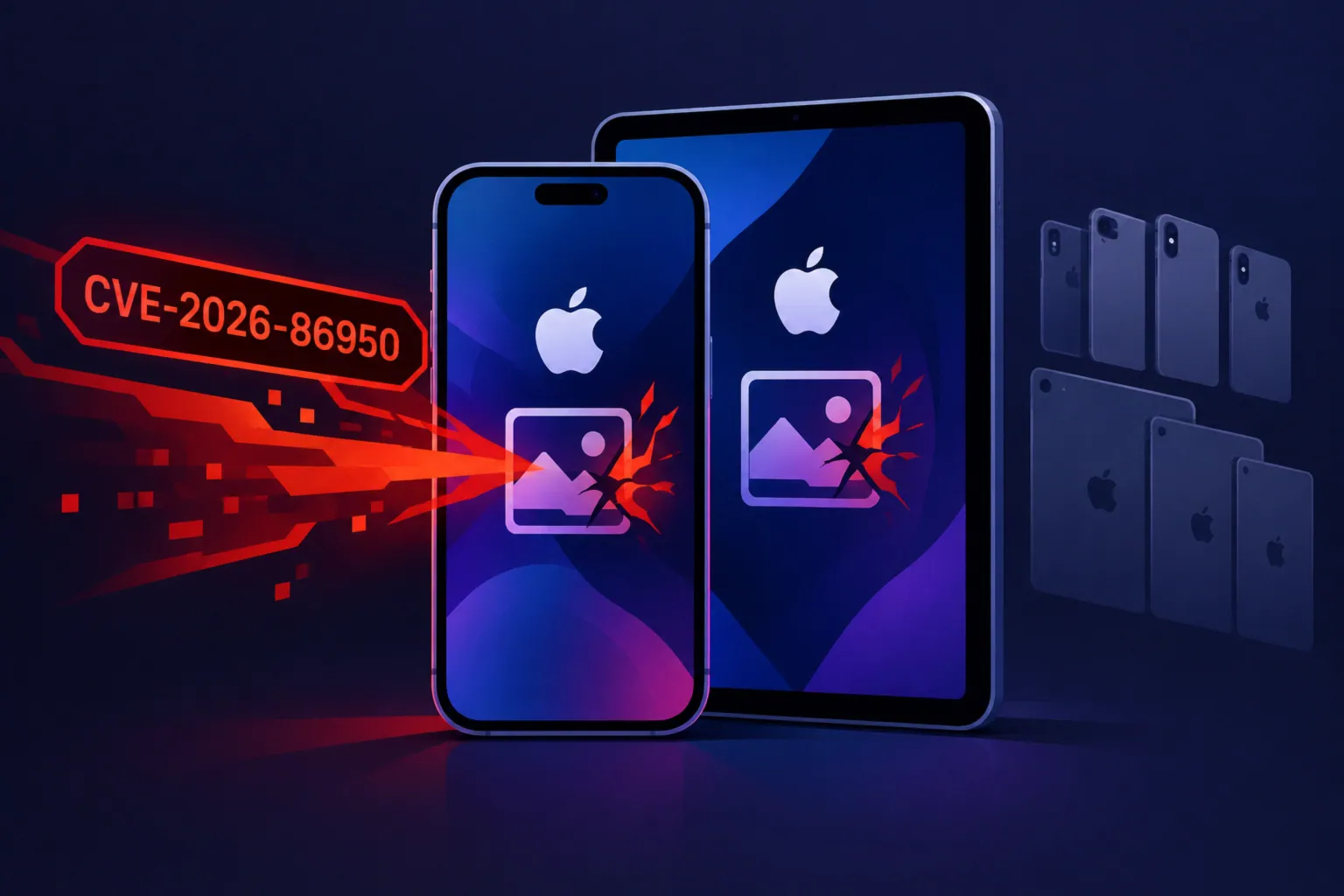 iPhone and iPad display CVE-2026-86950 threat in a digital graphic