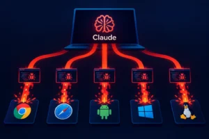Claude-Logo mit Verbindungen zu verschiedenen Plattformen wie Chrome, Safari und Linux.