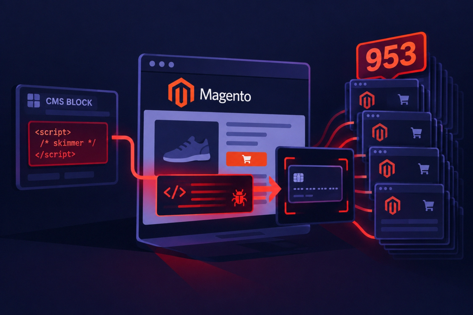 Magento store interface displaying skimming code and infected websites count.
