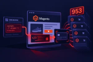 Инфографика о заражении 953 магазинов Magento скиммером через CMS блоки.
