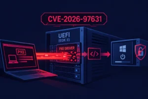 Grafische Darstellung eines UEFI-Systems mit PXE-Interaktionen und CVE-2026-97631.